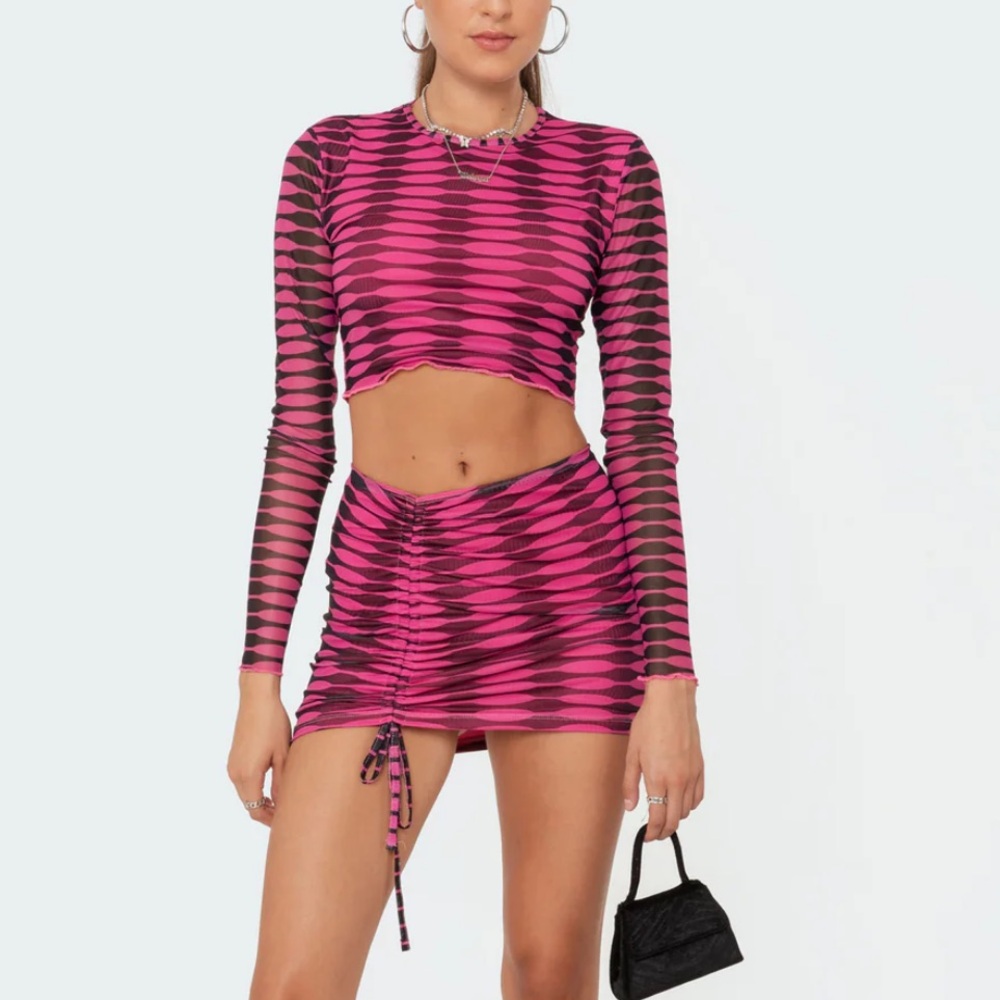 Edikted Anisa Mesh Top and Drawstring Mini Skirt Set